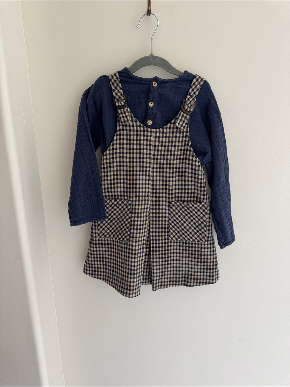 Zara Navy Top with Beige & Navy Gingham Overalls